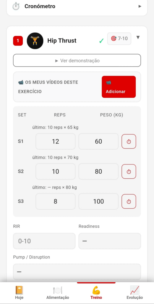Ecrã de treino da app Between Lunges com séries, repetições e cargas sugeridas para o hip thrust