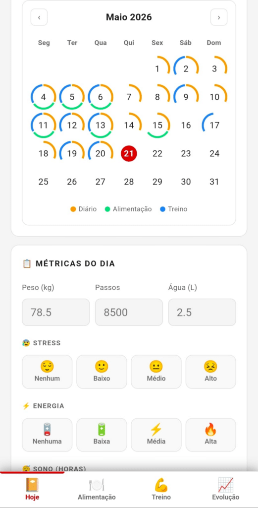 Ecrã Hoje da app Between Lunges com o calendário de adesão e as métricas do dia: peso, passos, água, stress e energia